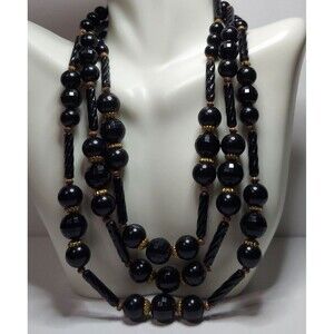Three Strand Black with Goldtone Spacers Beaded Necklace 14" 15" 16"